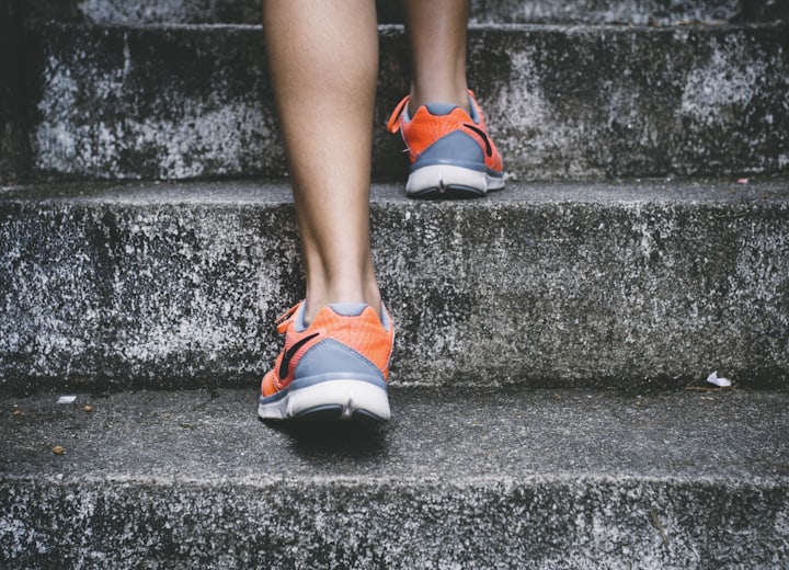 Running up a flight of stairs